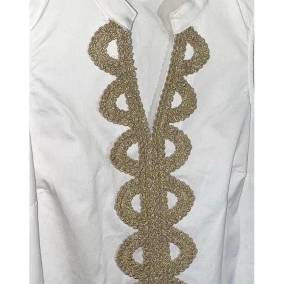 Mud Pie White Sleeveless Gold Trimmed Shift Dress Size Large - Picture 2 of 7